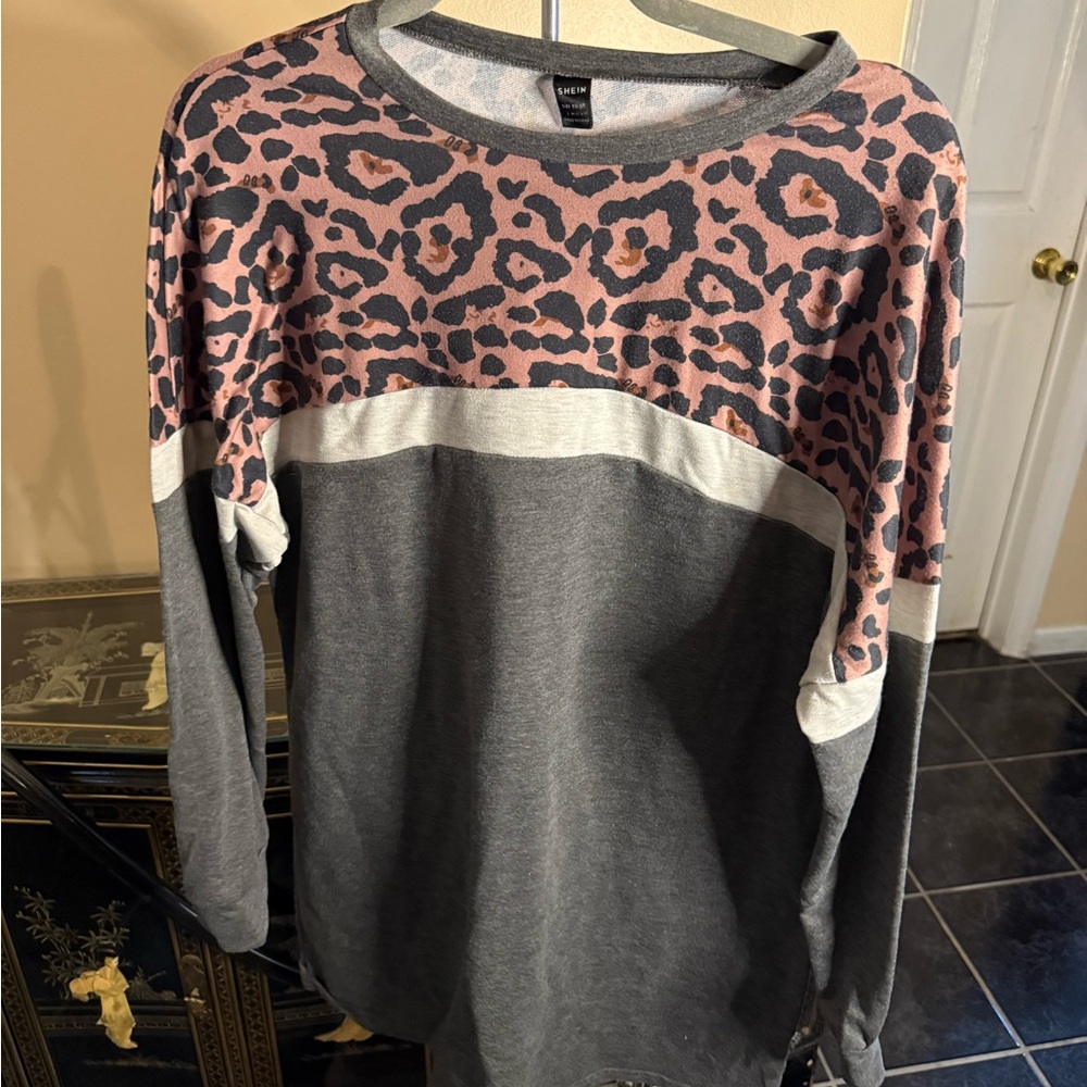 Gray and Pink Leopard Print Sweater